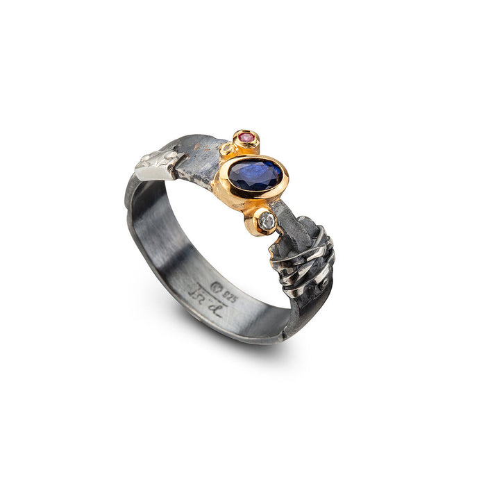 women´s gemstone ring, oxidized, partly gold-plated, blue Saphire, white Topaz