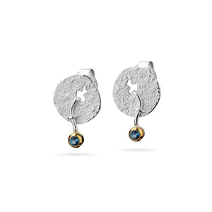 women´s gemstone earstuds, whitened silver, partly gold-plated, sapphire or topas