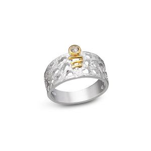 women´s gemstone ring, whitened silver, partly gold-plated, white topas
