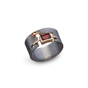 women´s gemstone ring, oxidized, partly gold-plated, red garnet