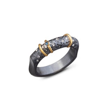Load image into Gallery viewer, women´s gemstone ring, silver and gold, clear and blue zirconia, oxidized
