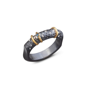 women´s gemstone ring, silver and gold, clear and blue zirconia, oxidized
