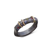 Load image into Gallery viewer, women´s gemstone ring, silver and gold, colorful and clear zirconia, oxidized
