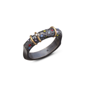 women´s gemstone ring, silver and gold, colorful and clear zirconia, oxidized